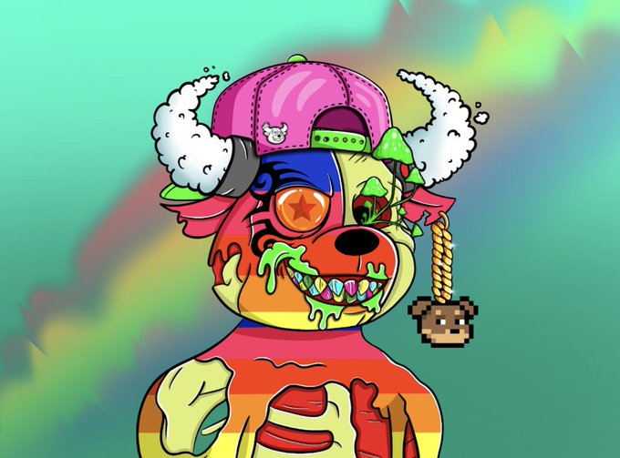A colorful digital NFT-style artwork of a grotesque, zombie-like Shiba Inu dog character wearing a pink cap, with an exposed ribcage, green slime, and a pixelated charm accessory.