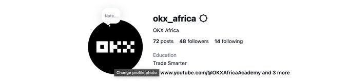 An Instagram profile page for 'okx_africa' showing OKX Africa, with bio 'Education - Trade Smarter' and a YouTube link @OKXAfricaAcademy.