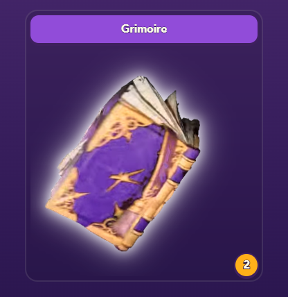 Card from a digital game showing a "Grimoire" item with gold trim and purple cover featuring star designs, with a quantity indicator of 2 in the corner.