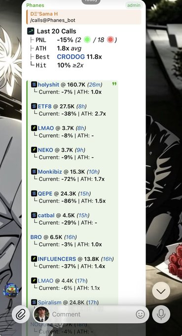 A mobile screenshot displays a Telegram chat with a bot named 'DE: Sama H' showing a list of 'Last 20 Calls' for various crypto tokens including CRODOG, holy shit, ETF8, LMAO, NEKO, and Monkbiz, along with their current prices, percentage changes, and all-time highs.