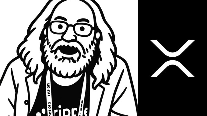 A black-and-white illustrated caricature of a bearded man with glasses and long hair wearing a lanyard is shown beside the XRP logo, accompanying a post promoting insider speculation that XRP could reach $10.00 before 2027.