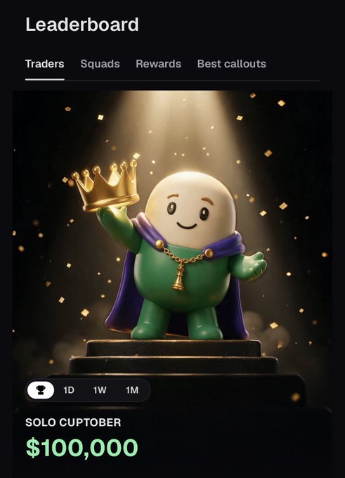 A leaderboard screen for 'SOLO CUPTOBER' showing a crowned character mascot and a prize of $100,000, with tabs for Traders, Squads, Rewards, and Best callouts.
