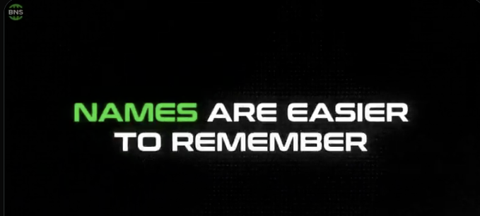 A black screen displaying the text 'NAMES ARE EASIER TO REMEMBER' in bold green and white letters, with a 'BNS' logo in the top left.