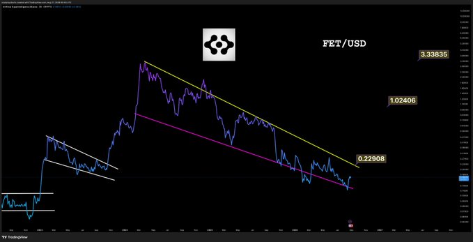 A dark-themed cryptocurrency price chart for FET/USD on TradingView, showing a downward trend within a descending channel with key levels marked at 0.22908, 1.02406, and 3.33835.