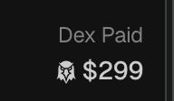 The image shows a dark banner reading "Dex Paid" alongside a diamond icon and the price "$299," visually confirming the payment status referenced in the post about funding Dex Screener with $299 from token fees to feature the project's icon, banner, links, and socials.