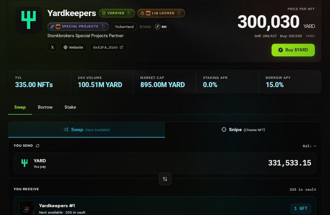 A screenshot of the YARD token swap page on the Stonkbrokers platform shows a price of 300,030 YARD per NFT with 335.00 NFTs TVL and 100.51M YARD 24H volume, displaying the Yardkeepers #1 NFT collection available for swap. The image illustrates the warning from the post that liquidity hasn't been added yet, as the swap is currently marked "Not Available" despite the active marketplace listing.