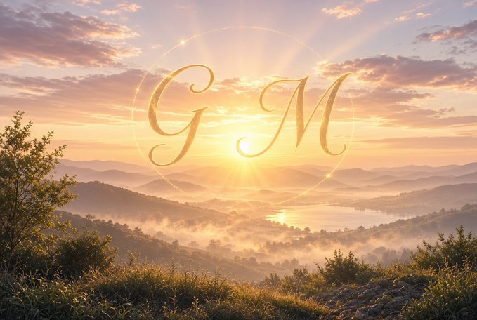 A serene sunrise over misty mountains and a valley lake, overlaid with elegant golden "GM" lettering in the center, perfectly complements the "Gm family" morning greeting and reconnection post.