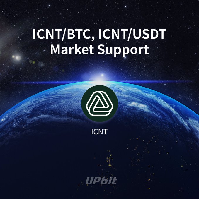 A promotional graphic featuring Earth from space with the ICNT logo overlaid, announcing "ICNT/BTC, ICNT/USDT Market Support" on Upbit, corresponding to the addition of Impossibility Cloud Network (ICNT) trading pairs against BTC and USDT on the exchange.