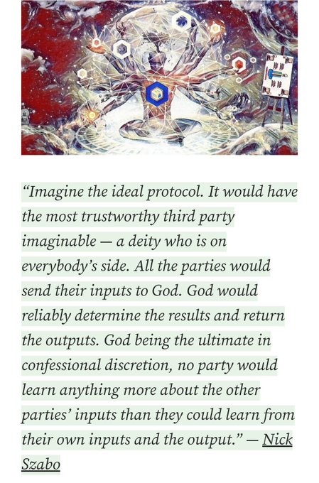 A quote graphic attributed to Nick Szabo discussing the ideal protocol as a 'deity' that processes inputs and returns outputs reliably, overlaid on a colorful abstract artwork featuring hexagons and symbols.