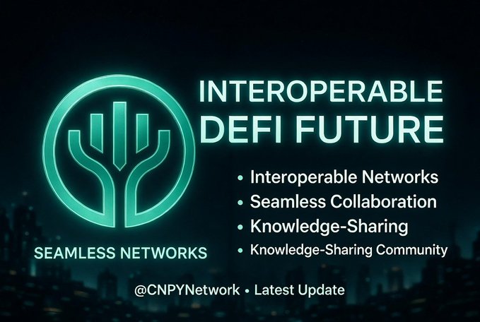 A futuristic promotional graphic for @CNPYNetwork featuring a glowing teal logo alongside the headline "INTEROPERABLE DEFI FUTURE," with bullet points highlighting Interoperable Networks, Seamless Collaboration, Knowledge-Sharing, and Knowledge-Sharing Community under the tagline "SEAMLESS NETWORKS." The image visually reinforces the post's message about CNPY Network advancing decentralized finance through cross-chain interoperability.