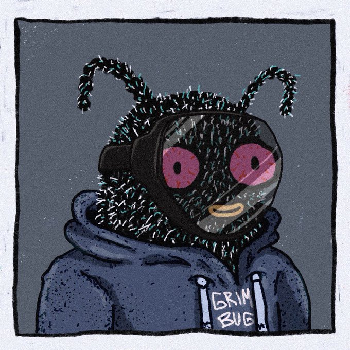 A digital illustration of a bug-like character with large pink eyes, antennae, and a furry dark body wearing a blue hoodie, with the text 'GRIM BUG' visible on a zipper pull.