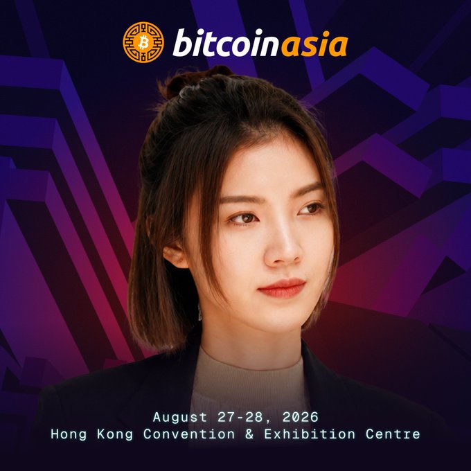 Promotional graphic for Bitcoin Asia featuring a woman's portrait against a purple geometric background, with text reading 'bitcoinasia', 'August 27-28, 2026', and 'Hong Kong Convention & Exhibition Centre'.