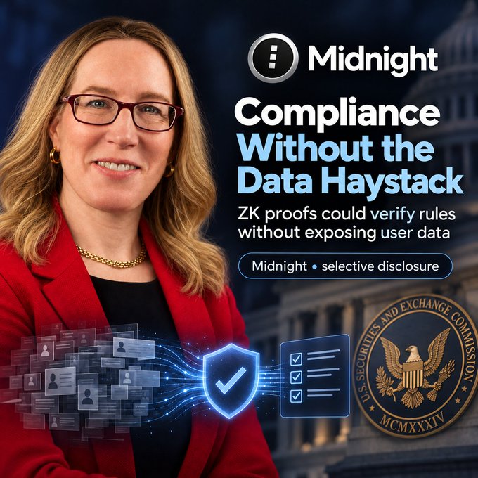 A promotional graphic featuring a woman with the text 'Midnight Compliance Without the Data Haystack - ZK proofs could verify rules without exposing user data' alongside the SEC seal.