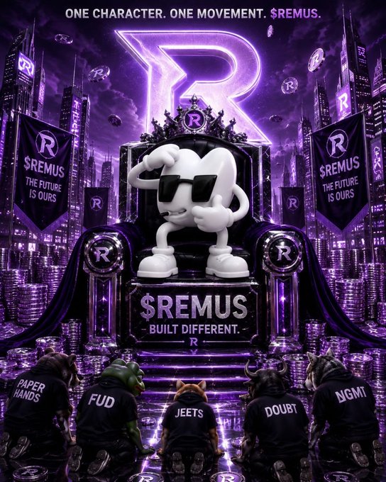 A purple-themed promotional image titled 'ONE CHARACTER. ONE MOVEMENT. $REMUS.' features a cartoon character with sunglasses sitting on a throne, with kneeling figures labeled 'PAPER HANDS', 'FUD', 'JEETS', 'DOUBT', and 'NGMI' in the foreground and '$REMUS THE FUTURE IS OURS' banners flanking the scene.