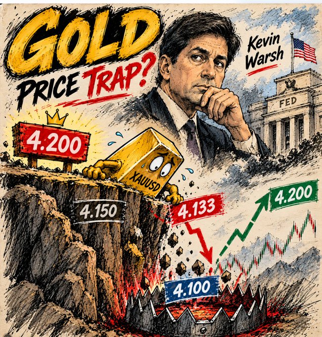 A stylized illustration warning of a 'Gold Price Trap?' depicting Kevin Warsh looking worried next to the Federal Reserve building, with a gold bar (XAU/USD) trapped on a cliff edge above jagged price points (4,200, 4,150, 4,133, 4,100).