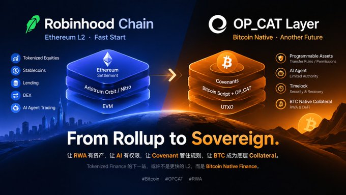 An infographic compares 'Robinhood Chain' (Ethereum L2) and 'OP_CAT Layer' (Bitcoin Native), with the headline 'From Rollup to Sovereign' and hashtags #Bitcoin, #OPCAT, #RWA.