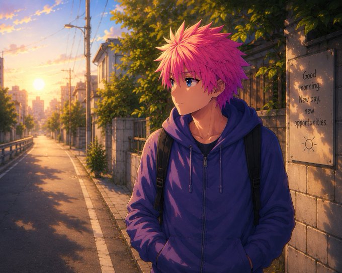 An anime-style illustration of a pink-haired character in a purple hoodie standing on a street at sunset, next to a wall with a sign reading 'Good morning. New day, new opportunities.'