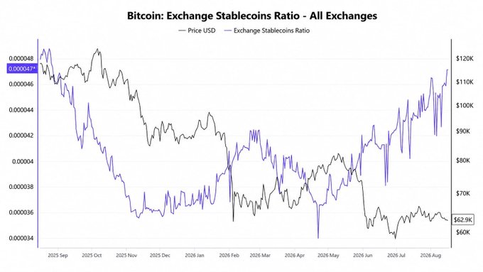 Line chart titled 'Bitcoin: Exchange Stablecoins Ratio - All Exchanges' comparing Price USD (black line) and Exchange Stablecoins Ratio (blue line) from 2025 Sep through 2026 Aug, with Bitcoin price showing $62.9K.