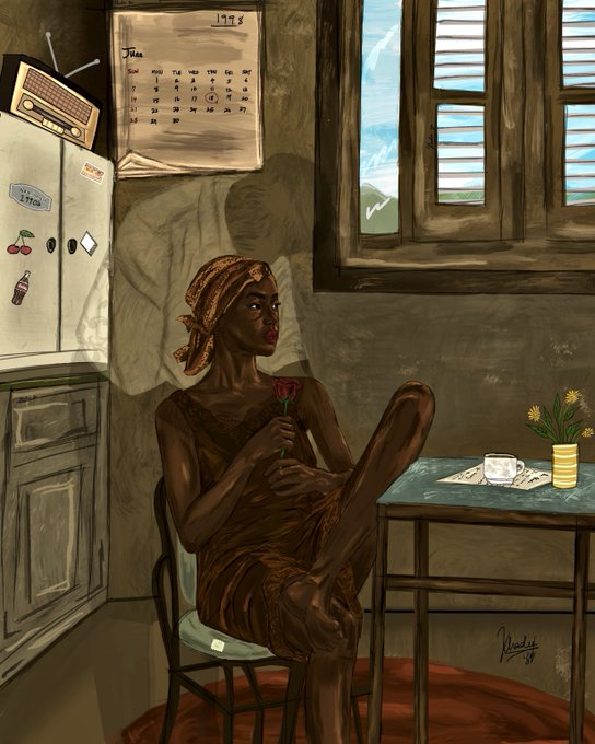 An illustration of a woman with a headwrap and brown dress sitting at a table holding a red rose, with a calendar, refrigerator, and window in the background.
