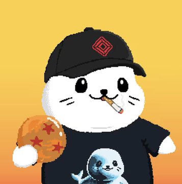 Meme illustration of a cartoon white seal character wearing a black cap with a diamond logo, smoking a cigarette, holding a Dragon Ball, with a smaller seal character on its shirt.
