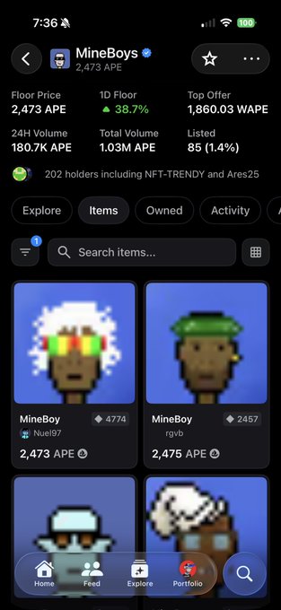 A screenshot of the "MineBoys" NFT collection on a marketplace, showing a floor price of 2,473 APE, 24H volume of 180.7K APE, and listings including "MineBoy #Nue197" at 2,473 APE and "MineBoy rgvb" at 2,475 APE, illustrating the NFT project referenced in the congratulatory post about community-focused success.