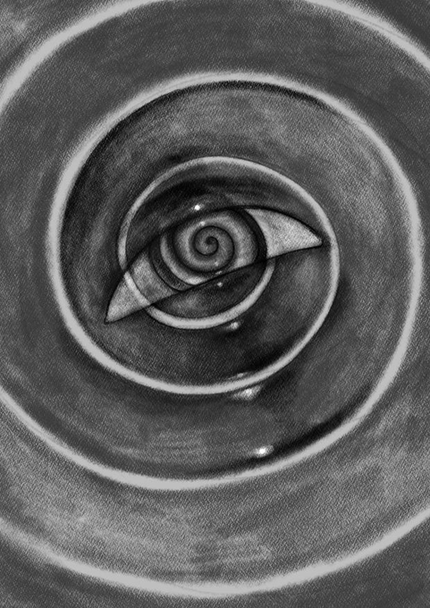 The image features a black and white drawing of an eye, which appears to be spinning or swirling around. The eye is positioned centrally within the frame, surrounded by a spiral pattern that gives the impression of movement or rotation. The background color of the image is gray, providing contrast to the black and white elements in the drawing. The caption below the image reads "GM Vortex" and "@kolahonn Part of Echo of sensitivity 1/1/10".