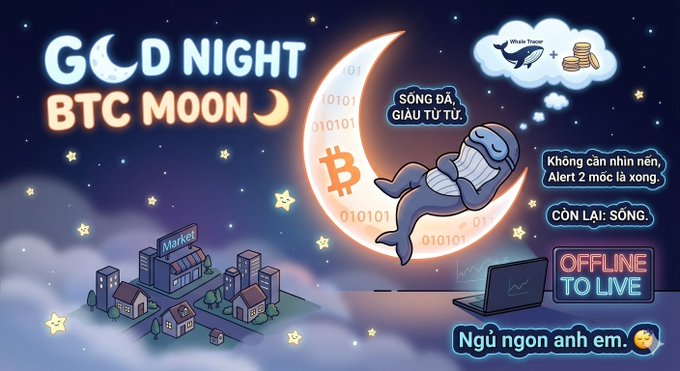 An illustrated graphic titled 'GOLD NIGHT BTC MOON' featuring a whale sleeping on a Bitcoin moon with Vietnamese text 'Ngủ ngon anh em' (Good night brothers).