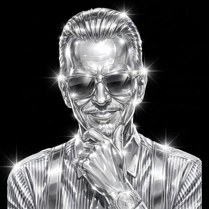 A black-and-white digital illustration of a man with slicked-back hair, a beard, and sunglasses, smiling confidently with his hand near his chin, adorned with sparkling star effects and wearing a wristwatch.