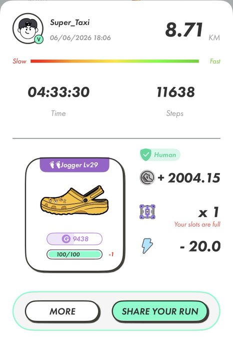 The image shows a phone screen displaying information about a person's running progress, including their current time, distance traveled, and steps taken. The runner has completed 1,638 steps and has been running for 8.71 km. There are also icons on the screen representing different activities or items related to the runner's journey. One of these icons is a yellow shoe with a purple sole, which could be an item purchased from the app.