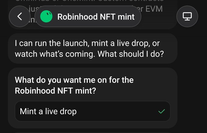 The image shows a Grok interface with a prompt titled "Robinhood NFT mint," where the user has selected "Mint a live drop" from available options including running a launch, minting a live drop, or watching upcoming drops. This relates to the post about using Grok bot to automatically mint NFTs, demonstrating the bot's automated minting capability for live NFT drops on Robinhood.