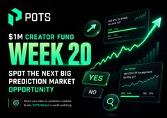 A promotional graphic for 'POTS' featuring a '$1M CREATOR FUND WEEK 20' with the headline 'SPOT THE NEXT BIG PREDICTION MARKET OPPORTUNITY', set against a dark background with green charts and arrow icons.