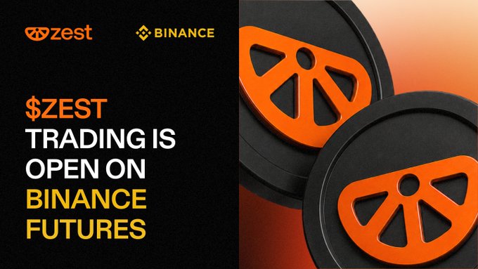 The image features a black background with two orange circles, one larger than the other, positioned at the center of the frame. The text "ZEST" is written above the circles, and below them, there's a caption that reads "Trading is open on Binance Futures".