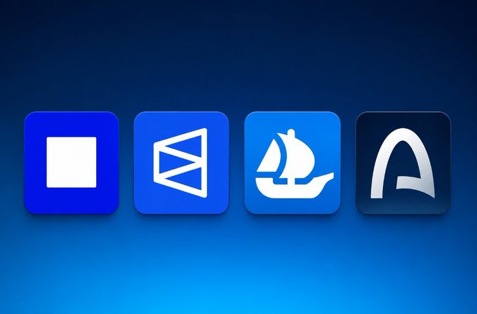 Four app icons on a blue background: a white square, a Z logo (Zapier), a sailboat, and an 'A' logo (possibly Atlassian).