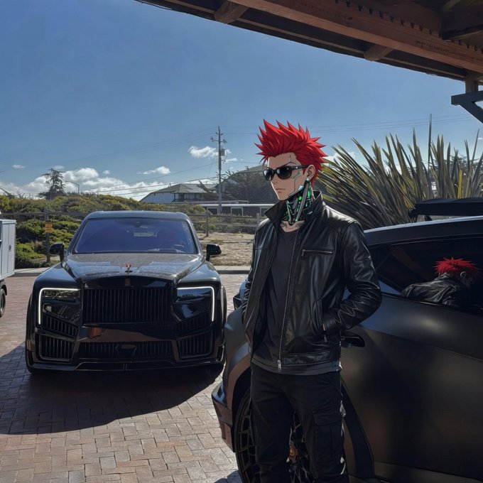 An anime-style character with red spiky hair, sunglasses, and a black leather jacket stands in front of a black luxury car parked in a driveway.