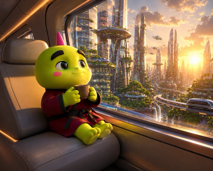A 3D-rendered illustration of a cute green creature with a small pink horn, wearing a red robe and holding a coffee cup, sitting in a vehicle looking out at a futuristic eco-city at sunset.