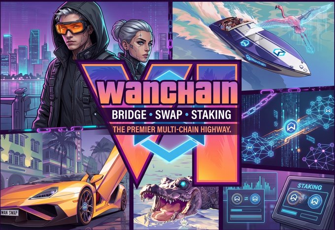 A vibrant promotional graphic for Wanchain features the bold tagline "WANCHAIN — BRIDGE • SWAP • STAKING, THE PREMIER MULTI-CHAIN HIGHWAY," set against a collage of GTA Vice City-inspired scenes including a hooded character, a rocket ship, a yellow sports car, a dinosaur, and digital staking dashboards. The retro gaming aesthetic and urban imagery align perfectly with the post's Vice City reference, reinforcing Wanchain's message of breaking cross-chain barriers with full user control.