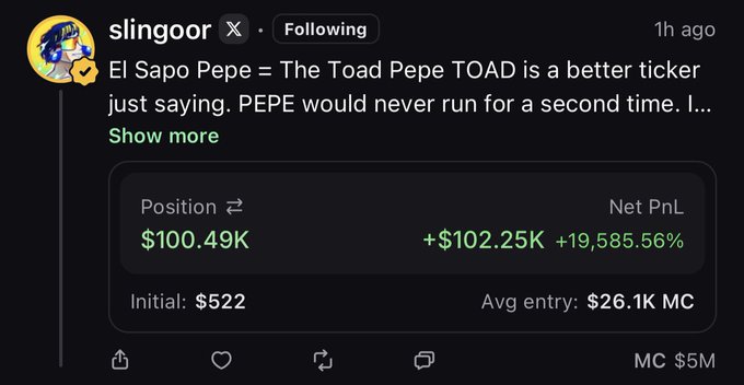 A social media post from user "slingoor" claiming the ticker "TOAD" (The Toad Pepe) is better than PEPE, showing a position of $100.49K with a net PnL of +$102.25K (+19,585.56%) from an initial $522 investment at $26.1K MC. This supports the caption's point, as Slingoor's massive gains on a low-cap token showcase how much profit can be made early in the day.