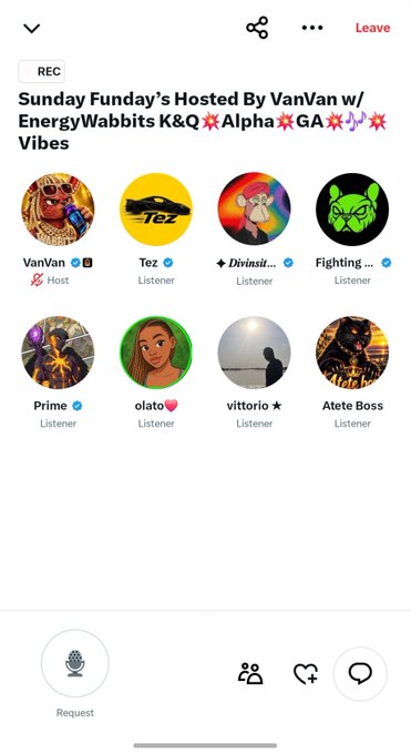 A screenshot of a live audio room app (Clubhouse-style) titled "Sunday Funday's Hosted By VanVan w/ EnergyWabbits K&Q 💥Alpha💥GA💥💫💜 Vibes" showing participants including VanVan (Host), Tez, Divinsilm..., Fighting..., Prime, olato, vittorio, and Atete Boss, with a "Leave" button and "Request" microphone option at the bottom.