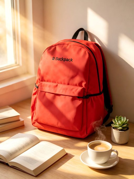 A warm, sunlit still life composition featuring a red 'Backpack' on a wooden desk, accompanied by an open book, a steaming cup of coffee, and a small potted succulent plant.
