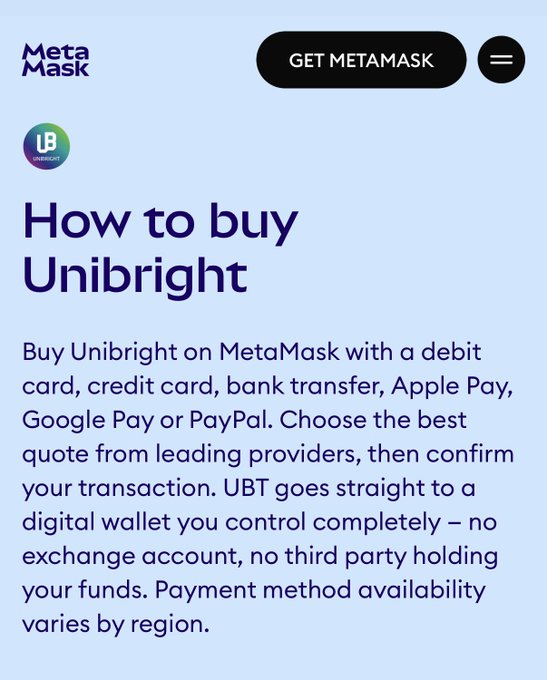 A MetaMask informational page with the heading 'How to buy Unibright' and text explaining how to purchase UBT using various payment methods.