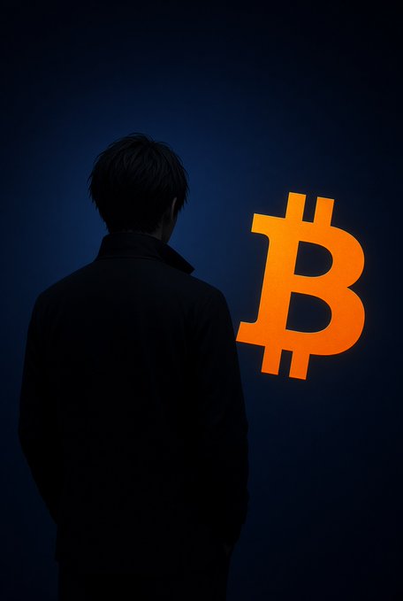 A man stands with his back to the viewer, facing a glowing orange Bitcoin symbol against a dark blue background, visually representing the rumored cryptocurrency holdings of former SMAP member Masahiro Nakai.