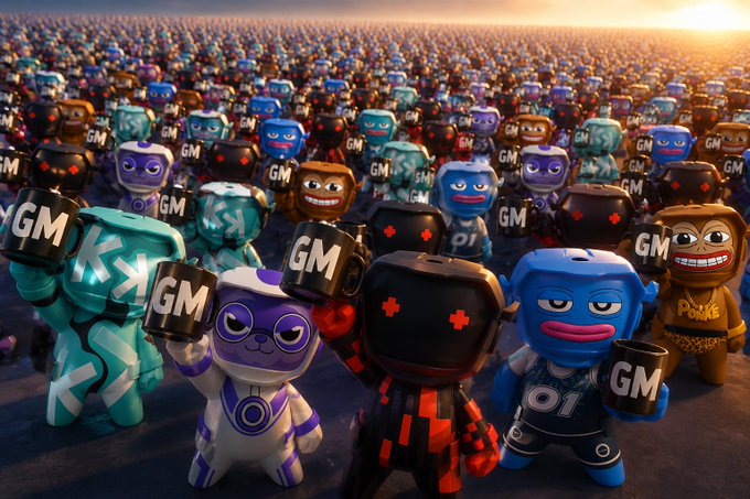 A crowd of colorful, stylized cartoon-like mascot characters holding 'GM' mugs, with one brown character on the right wearing a shirt that says 'Pikke'.