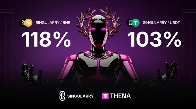 A promotional graphic featuring a purple robotic figure displaying cryptocurrency pairs "SINGULARRY / BNB" at 118% and "SINGULARRY / USDT" at 103% from SINGULARRY and THENA.