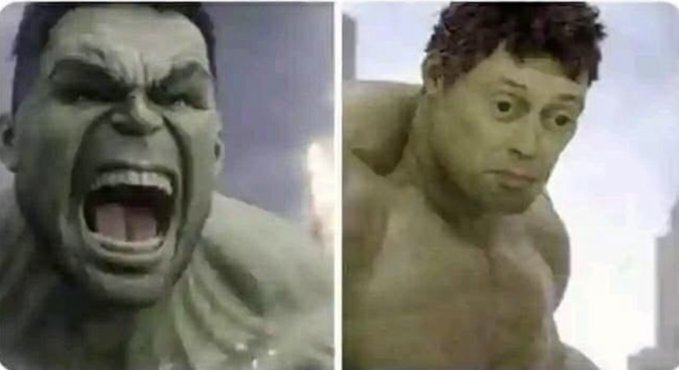 A side-by-side comparison showing the Marvel character Hulk looking furious and screaming on the left, contrasted with a poor-quality, low-resolution image of Hulk with a different face on the right.