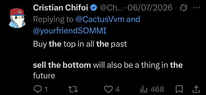 A tweet from Cristian Chifoi (@Ch...) replying to @CactusVvm and @yourfriendSOMMI reads: "Buy **the top** in all the past / **sell the bottom** will also be a thing in the future." The post, garnering 468 views and 4 likes, seems to support the accompanying message about a "New Strategy is starting to work $MSTR" by suggesting that contrary market actions like buying tops and selling bottoms will become a trend.