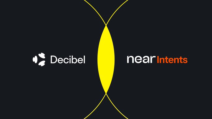 The image displays a partnership announcement between "Decibel" (left logo with a sound wave icon) and "near Intents" (right text in white and orange), visually connected by intersecting yellow curves forming a lens-like shape against a black background, symbolizing the integration of Bitcoin access via NEAR Intents into Decibel's onchain spot and perpetual trading venue.