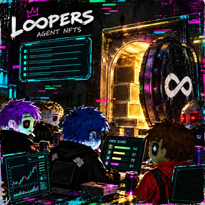 An NFT promotional image titled 'LOOPERS AGENT NFTs' showing anime-style characters with glitch effects analyzing data, featuring credit scores and an infinity symbol vault door.
