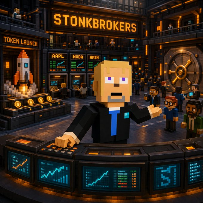 A 3D-rendered, voxel-style 'STONKBROKERS' trading floor scene featuring a large central character with a yellow head and black suit, surrounded by stock tickers like 'AAPL', 'NVDA', and 'AMZN', and a 'TOKEN LAUNCH' rocket.