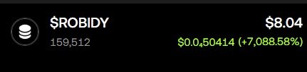 A crypto price tracker showing '$ROBIDY' with a market cap of 159,512, a price of $8.04, and a massive 24-hour gain of +7,088.58%.