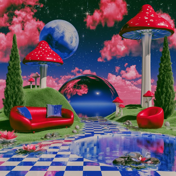 A surreal, vibrant digital artwork depicting a fantastical landscape with giant red-and-white spotted mushrooms, a blue Earth-like planet, a reflective sphere, a blue-and-white checkered pool with frogs and water lilies, red furniture, and pink clouds against a starry night sky.